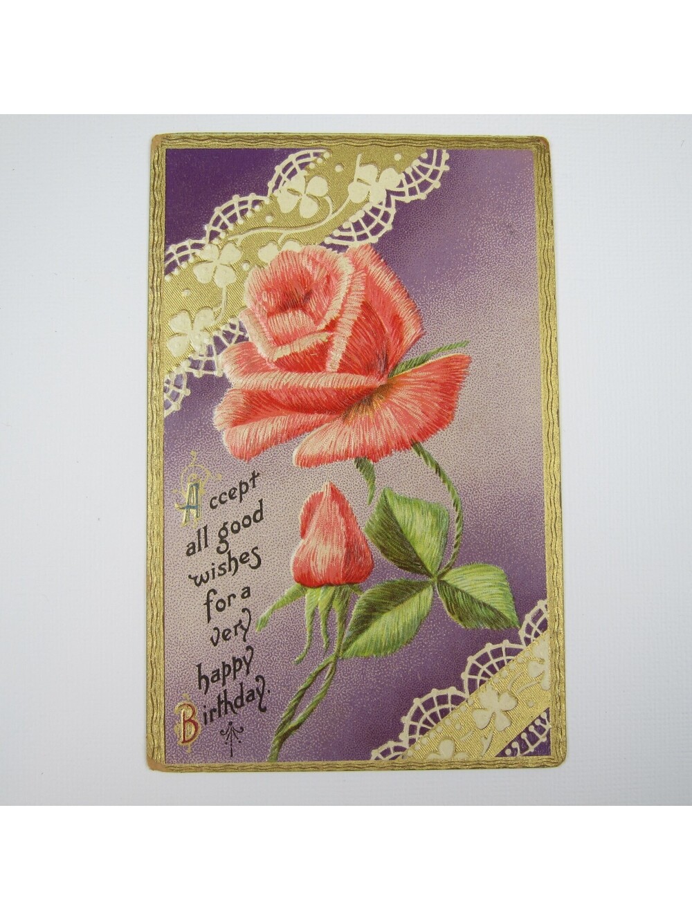 Postcard Birthday Greeting Antique 1912 Purple Gold Pink Red Rose Clover Embossd